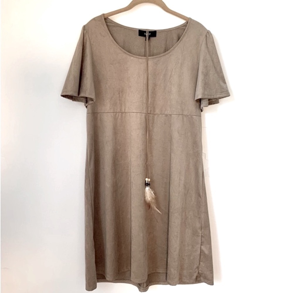 Naïf Boho Hippie Feather Tassel Brown Dress  Lightweight Faux Suede Medium